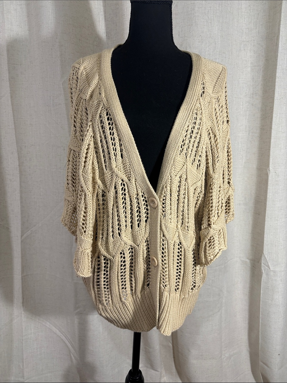 Beige Open-Knit Button Front Women's Sweater Cardigan